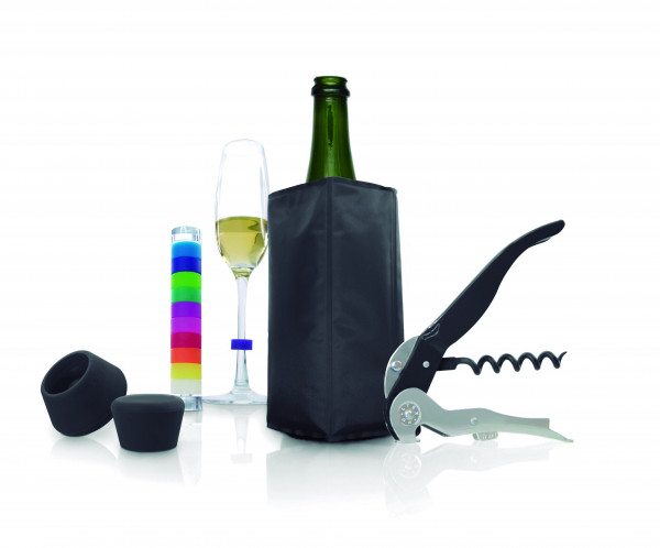 Pulltex Wein & Sektset, 5 Teile Kühler,2x Verschluss, Öffner, Glasmarker